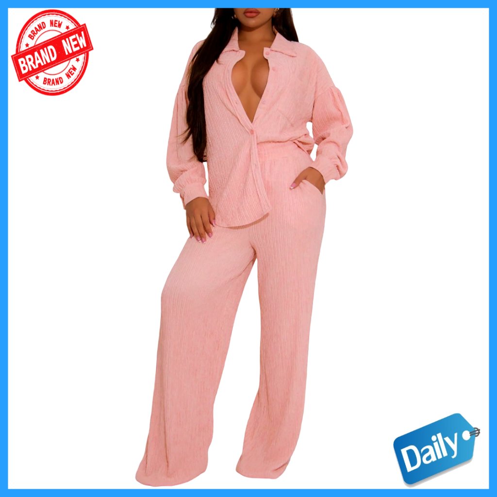 Pleated Long Sleeve Button Down Shirt Wide Leg Pants Matching Set
